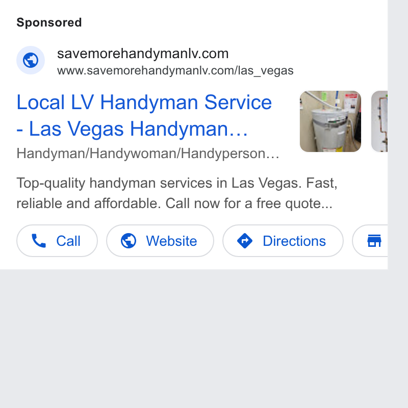 Example of a sponsored local service search ad with call, website, and directions actions