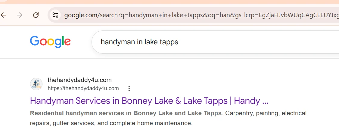 Google search result showing a handyman business appearing prominently for a Lake Tapps handyman search.