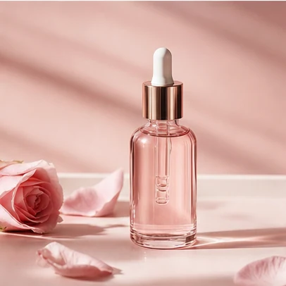 Rose serum product for a beauty campaign example.